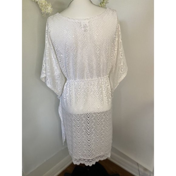 Tahiti Crochet Swim Cover Up Womens White V Neck Boho Dress XL Adjust Waist VTG - Picture 4 of 16